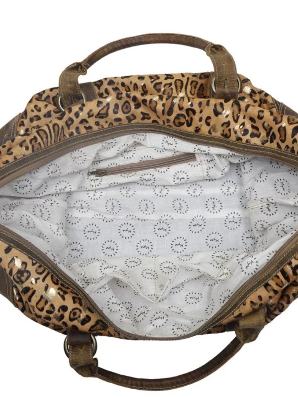 Myra Leopard Print Leather Travel Duffel Bag - Brown Gold Black - Picture 5 of 5